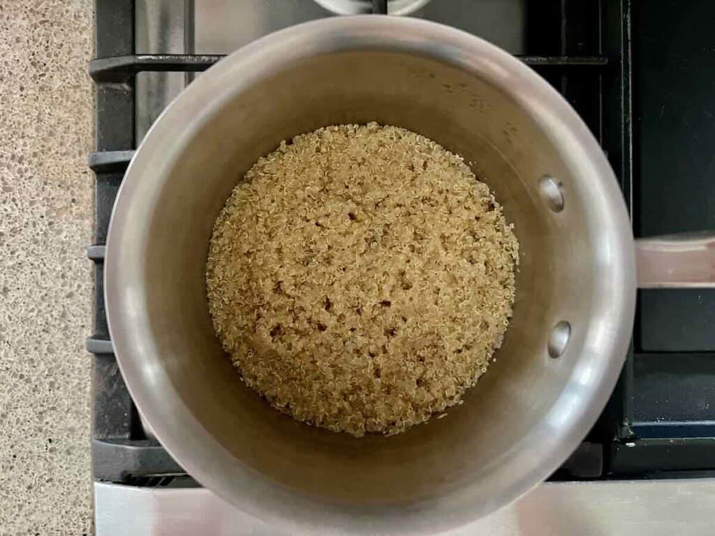 stainless steel pot containing cooked quinoa