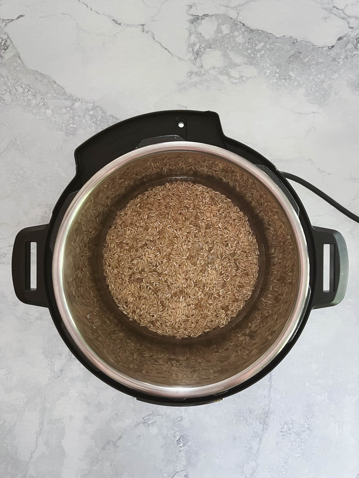 overhead view of Instant Pot containing uncooked brown rice and water