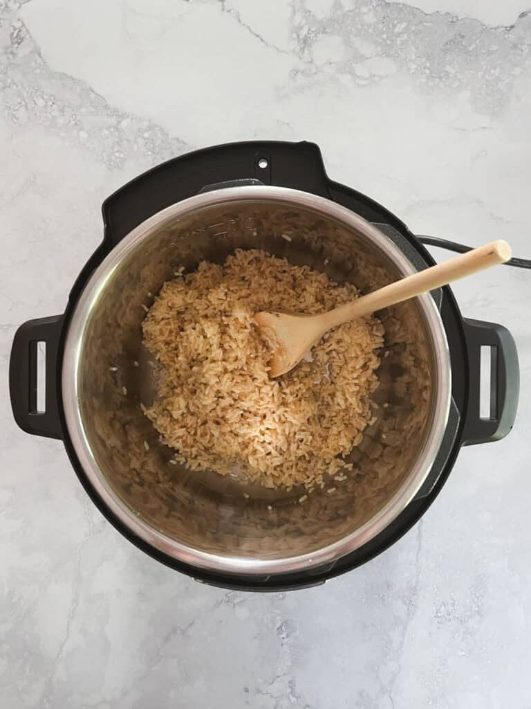 Cooked brown rice in an Instant Pot.
