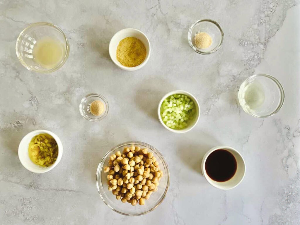 overhead of ingredients for vegan tuna salad