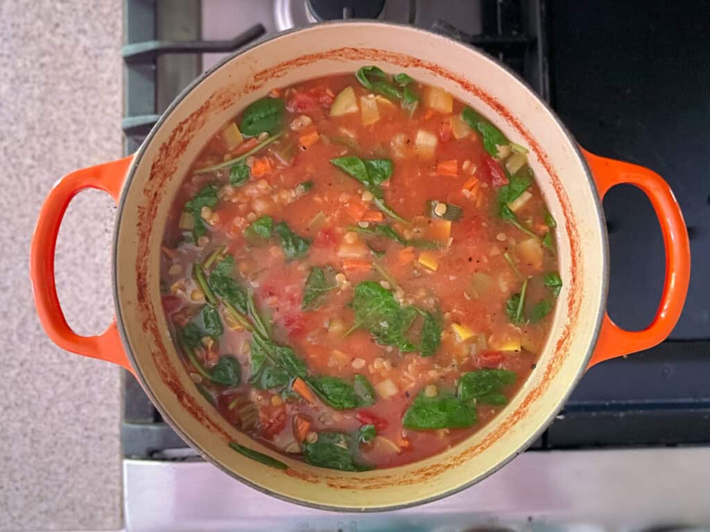 soup with spinach added in a dutch oven