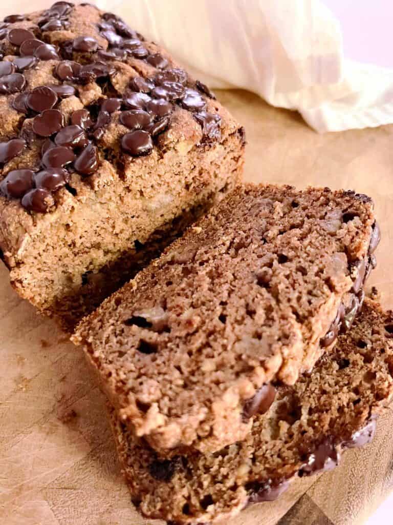 sliced banana bread on cutting board