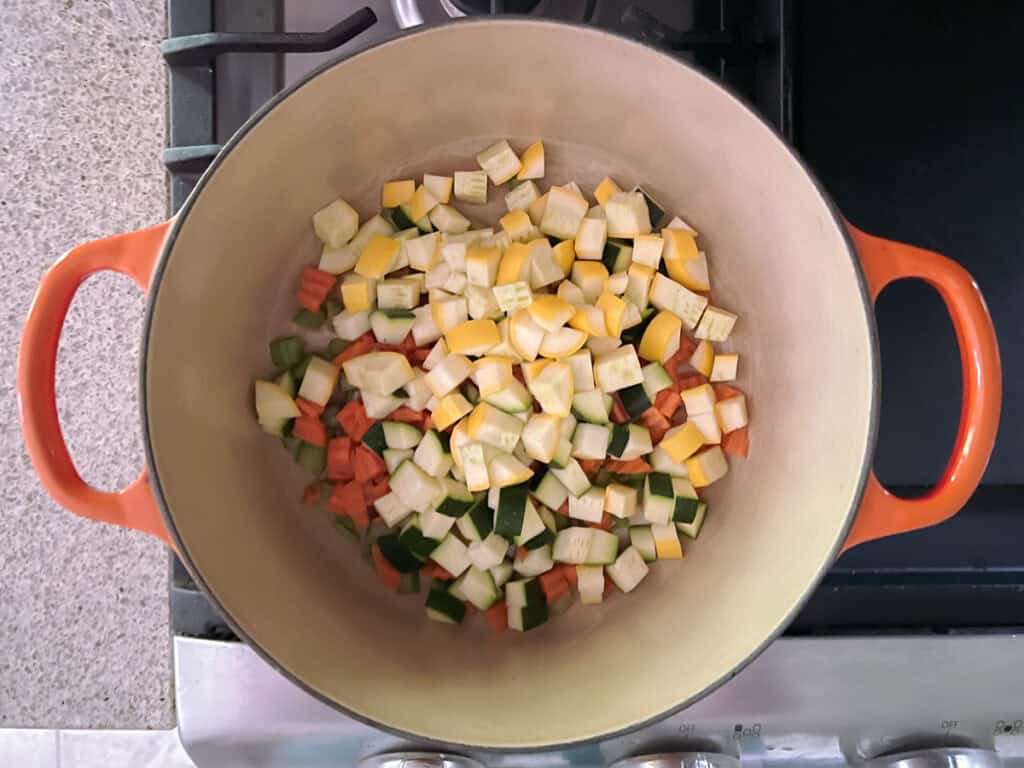 diced veggies in a dutch oven