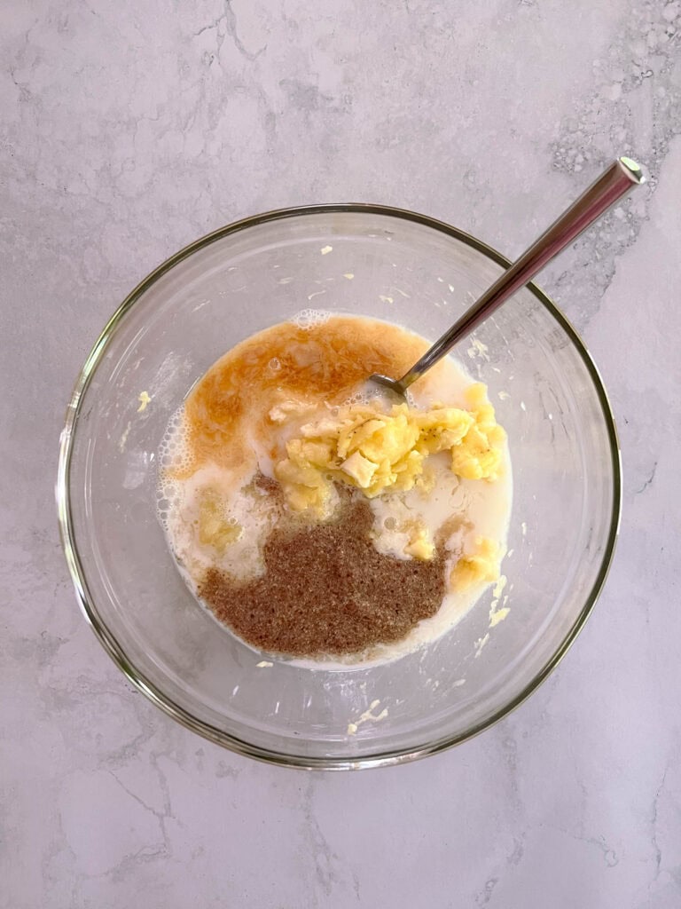 uncombined wet ingredients in a bowl