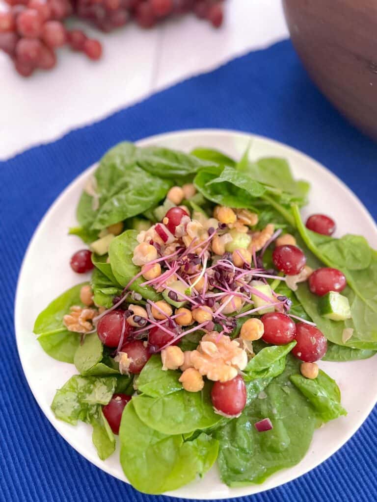 close up of plate of Mediterranean salad on a blue placemat with grapes and wooden bowl in the background