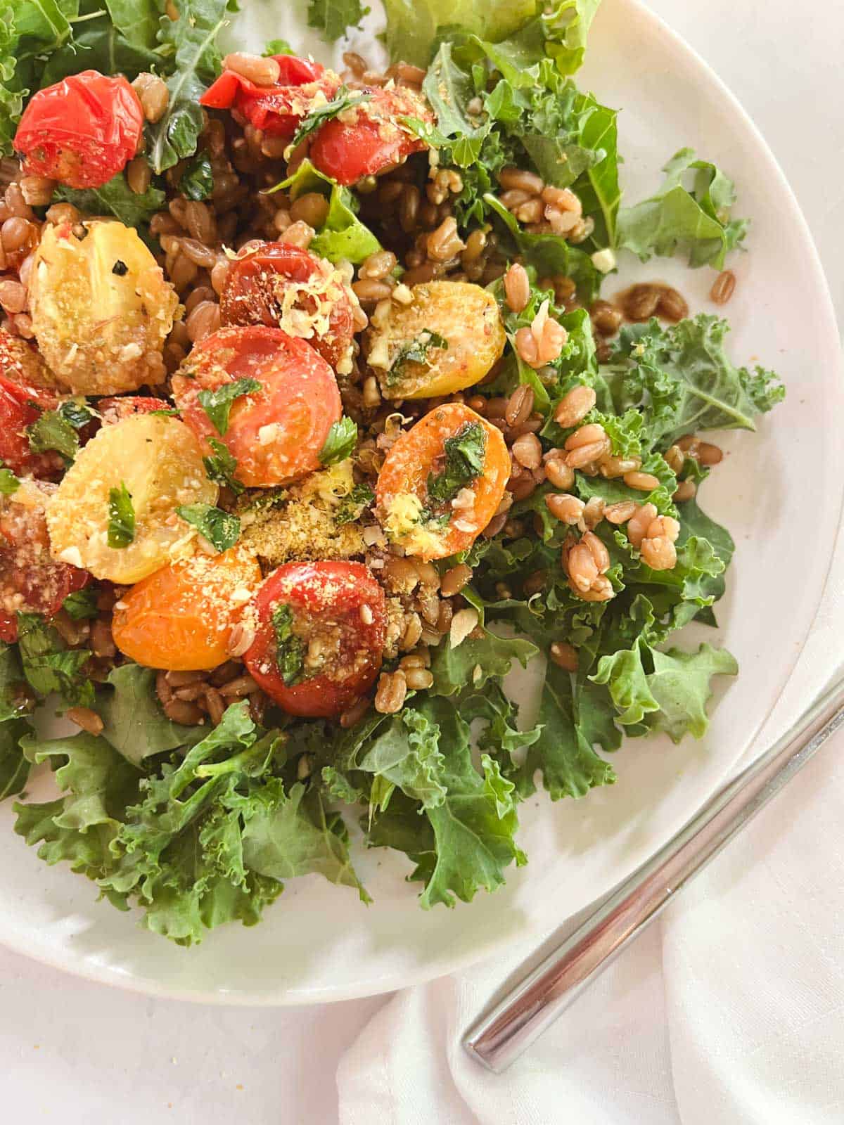 closeup of a plate of farro and kale salad with blistered tomatoes