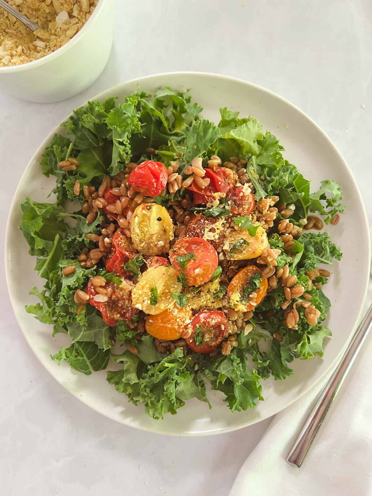 overhead of a plate of farro and kale salad with a bowl of vegan Parmesan in the background