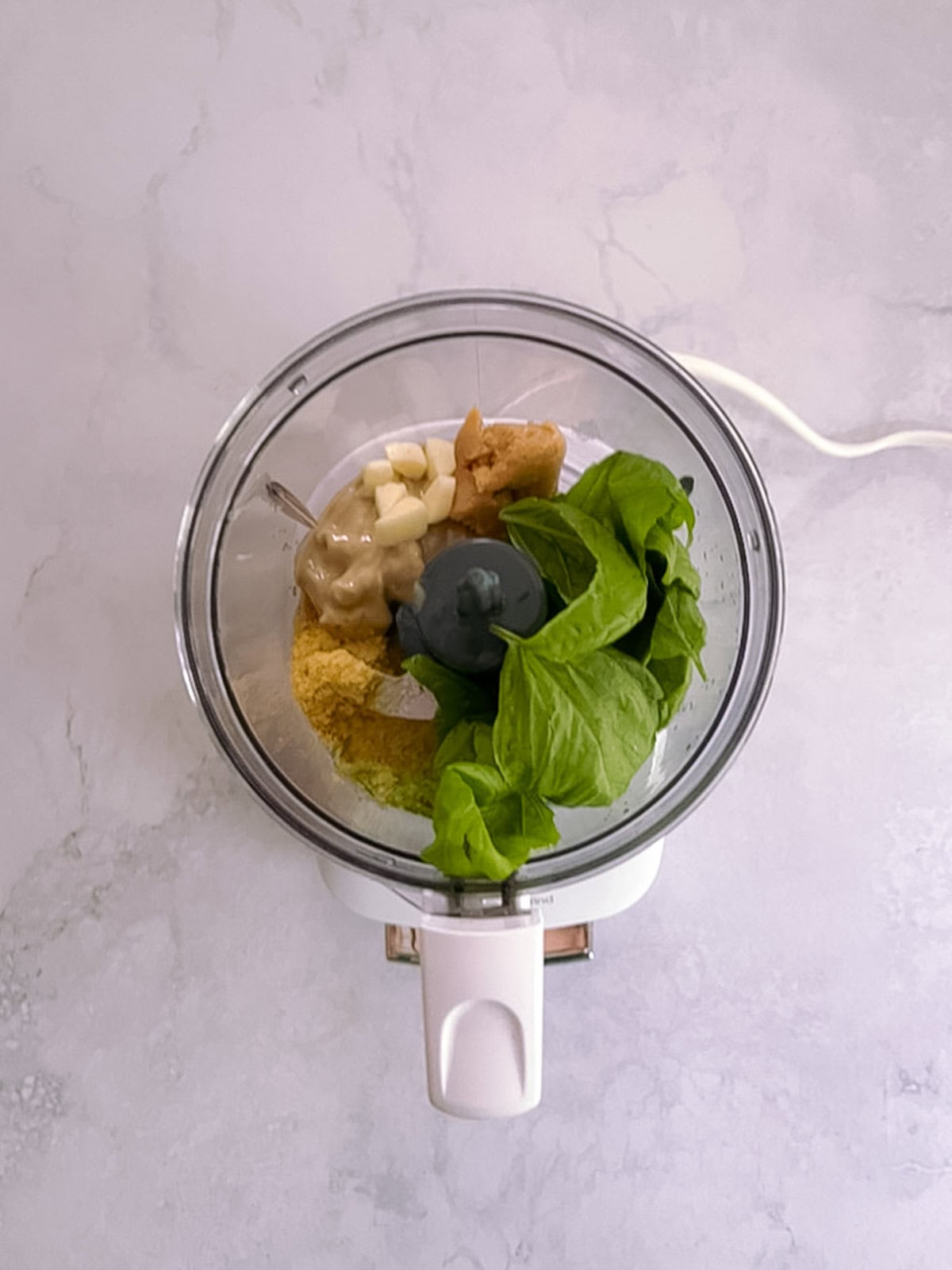 overhead of mini food processor with unmixed sauce ingredients