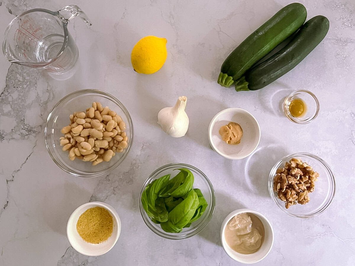 ingredients for zucchini noodles with tahini basil sauce