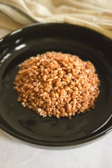 closeup of serving of cooked farro on a plate with a towel in the background