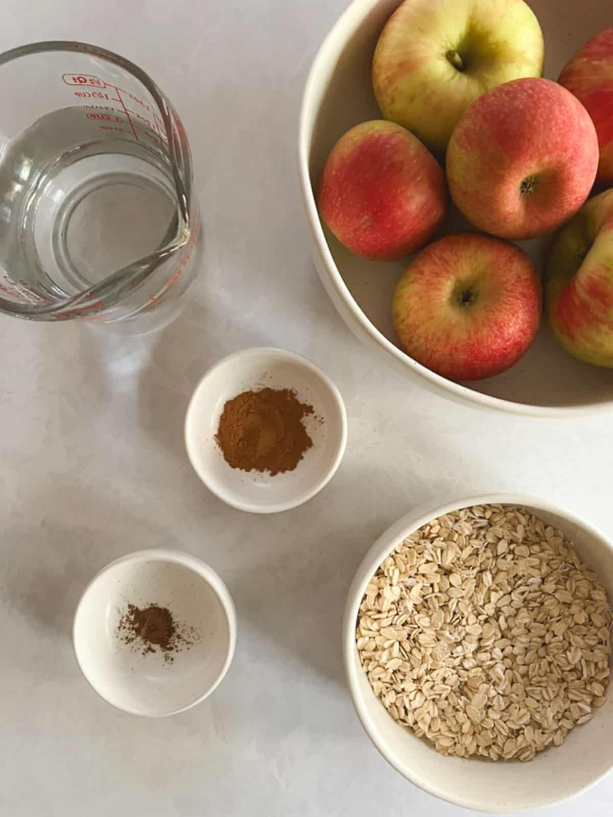 overhead view of ingredients for one-pot apple cinnamon oatmeal