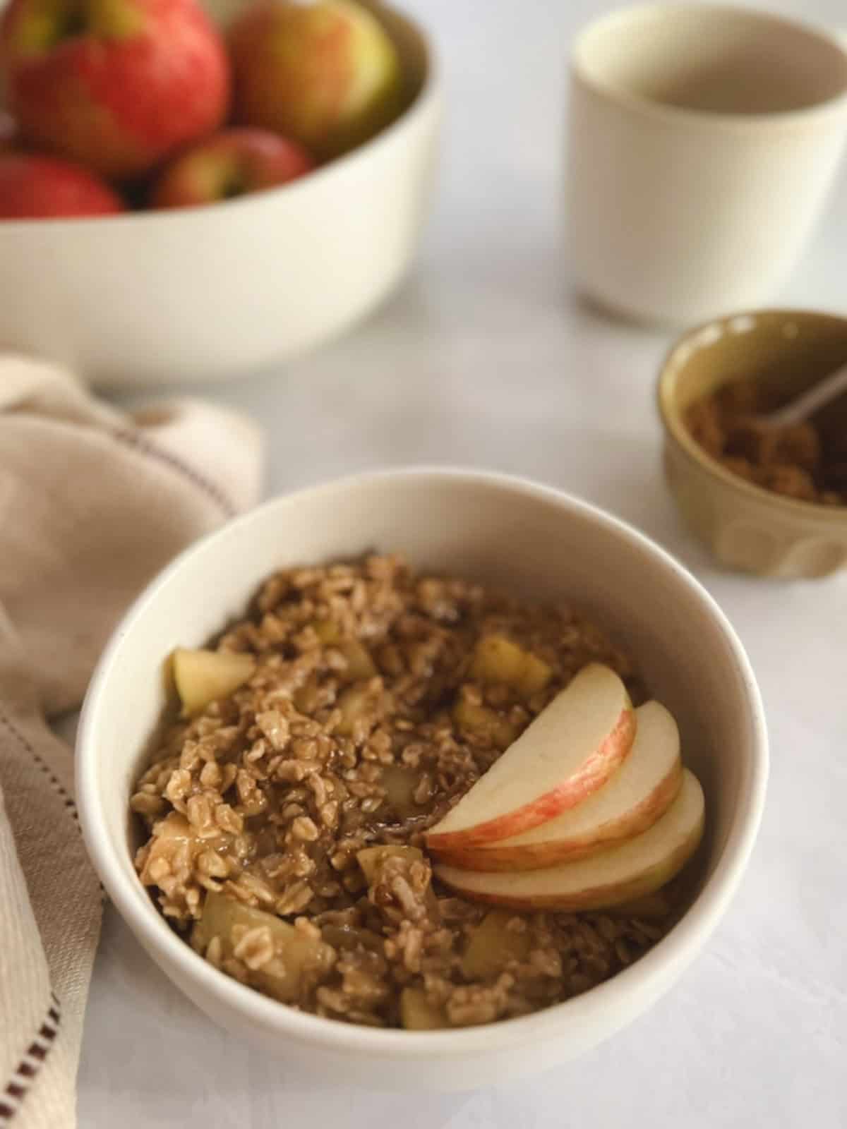 closeup of bowl of one-pot apple cinnamon oatmeal with apples and small bowl of coconut sugar in the background