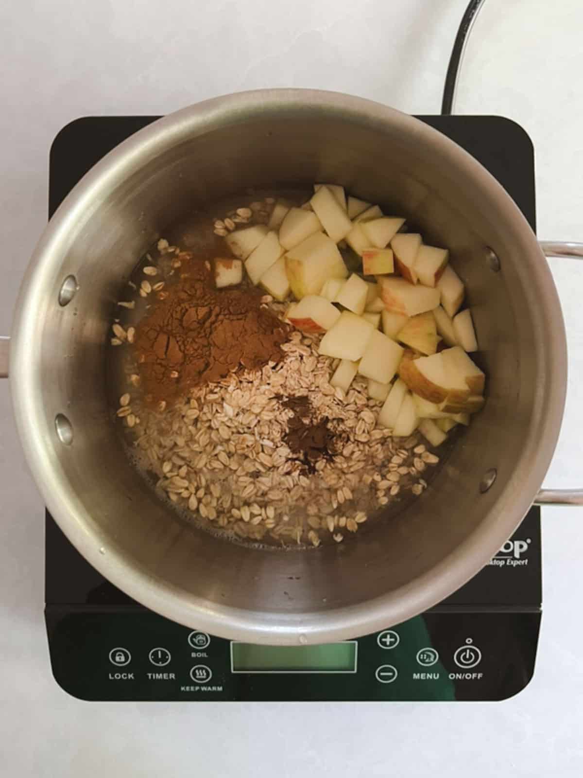 pot of one-pot apple cinnamon oatmeal ingredients on a portable burner