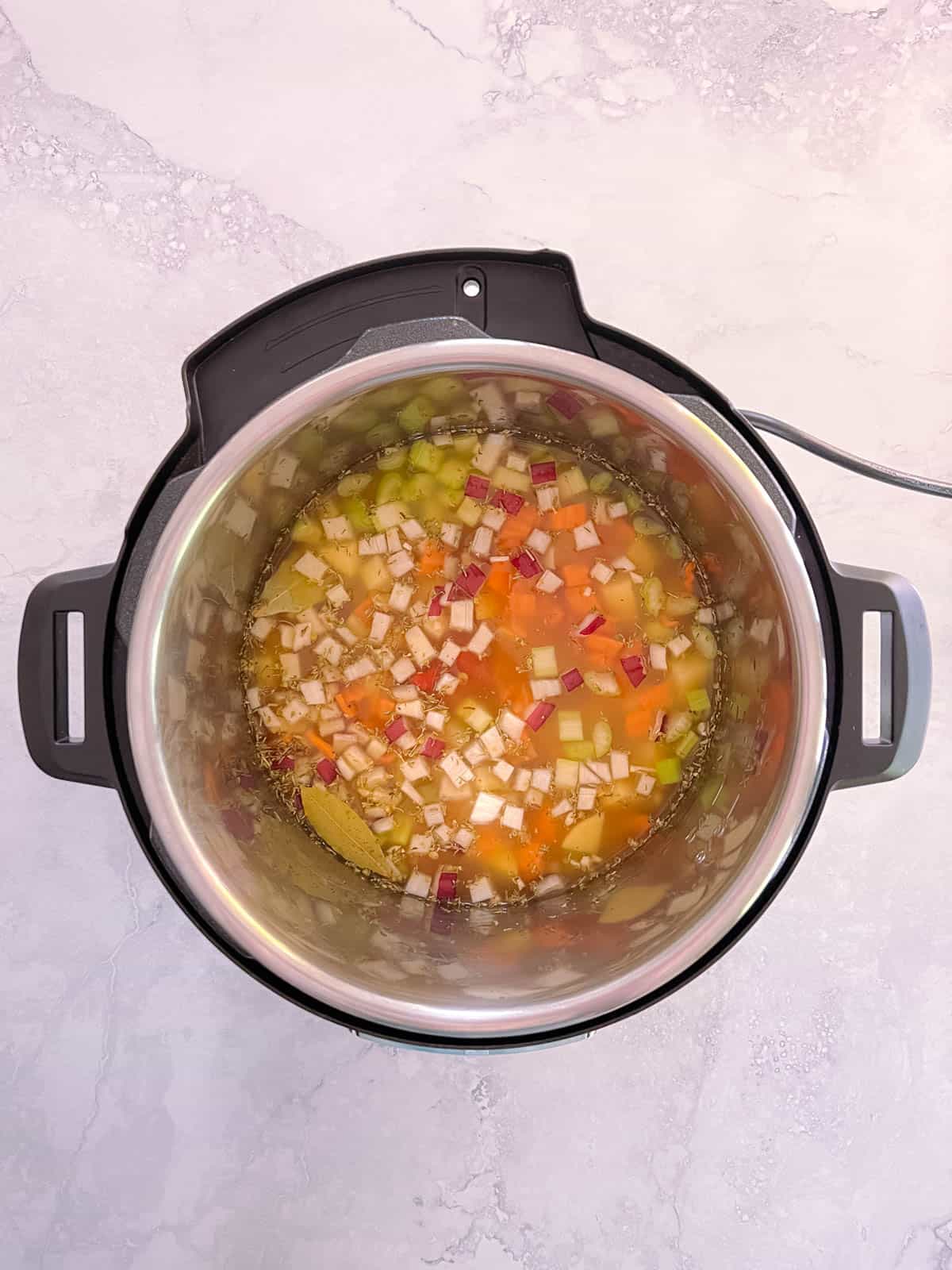 overhead of ingredients stirred in instant pot