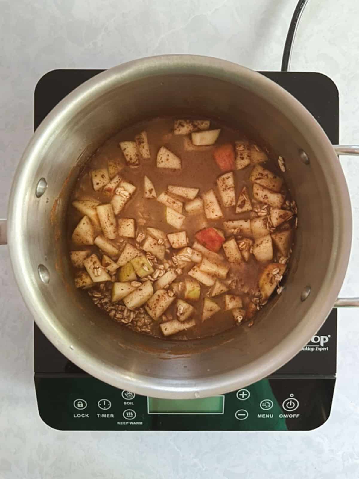 pot of combined ingredients for one-pot apple cinnamon oatmeal on a portable burner