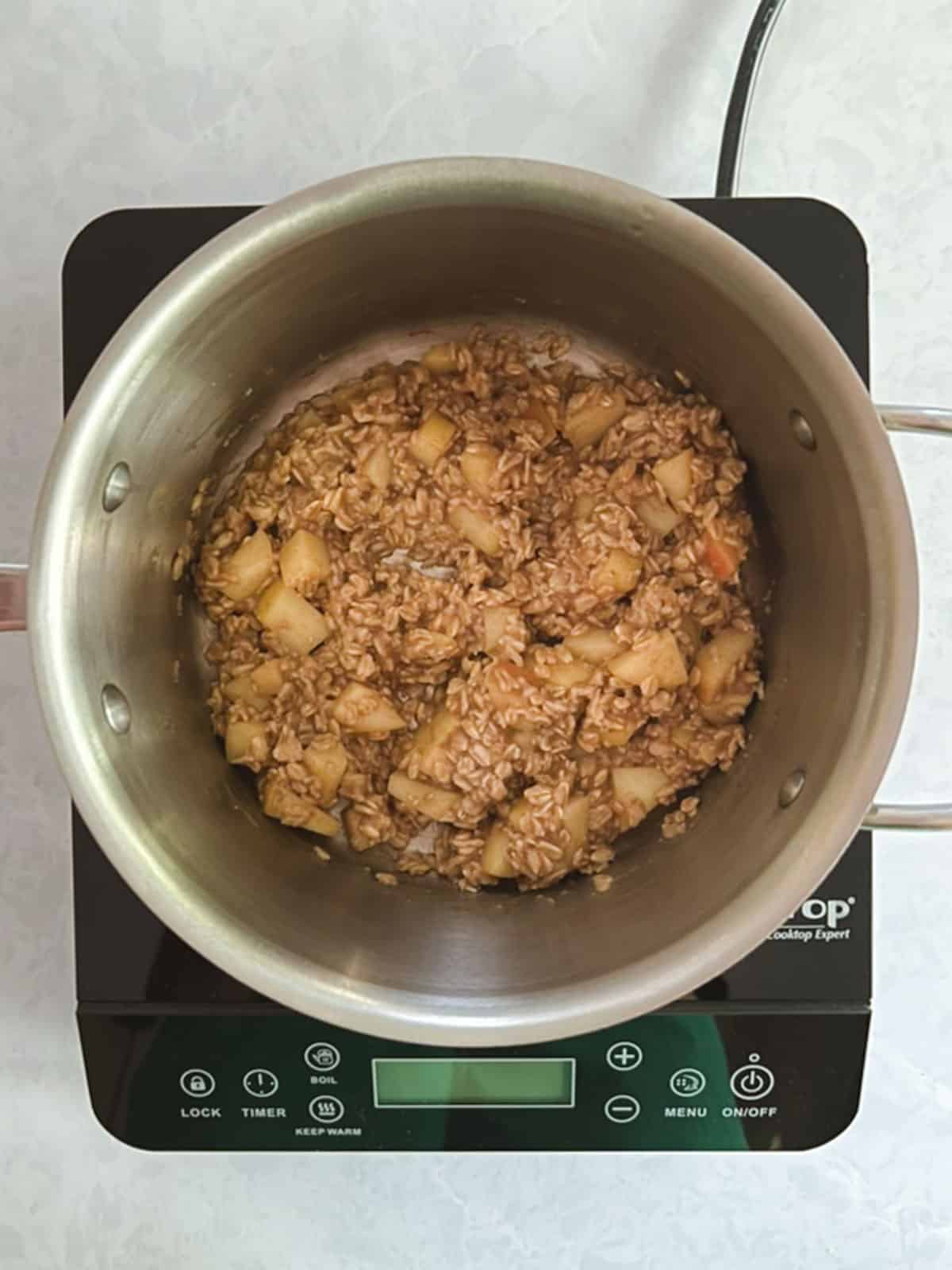 cooked one-pot apple cinnamon oatmeal on a portable burner