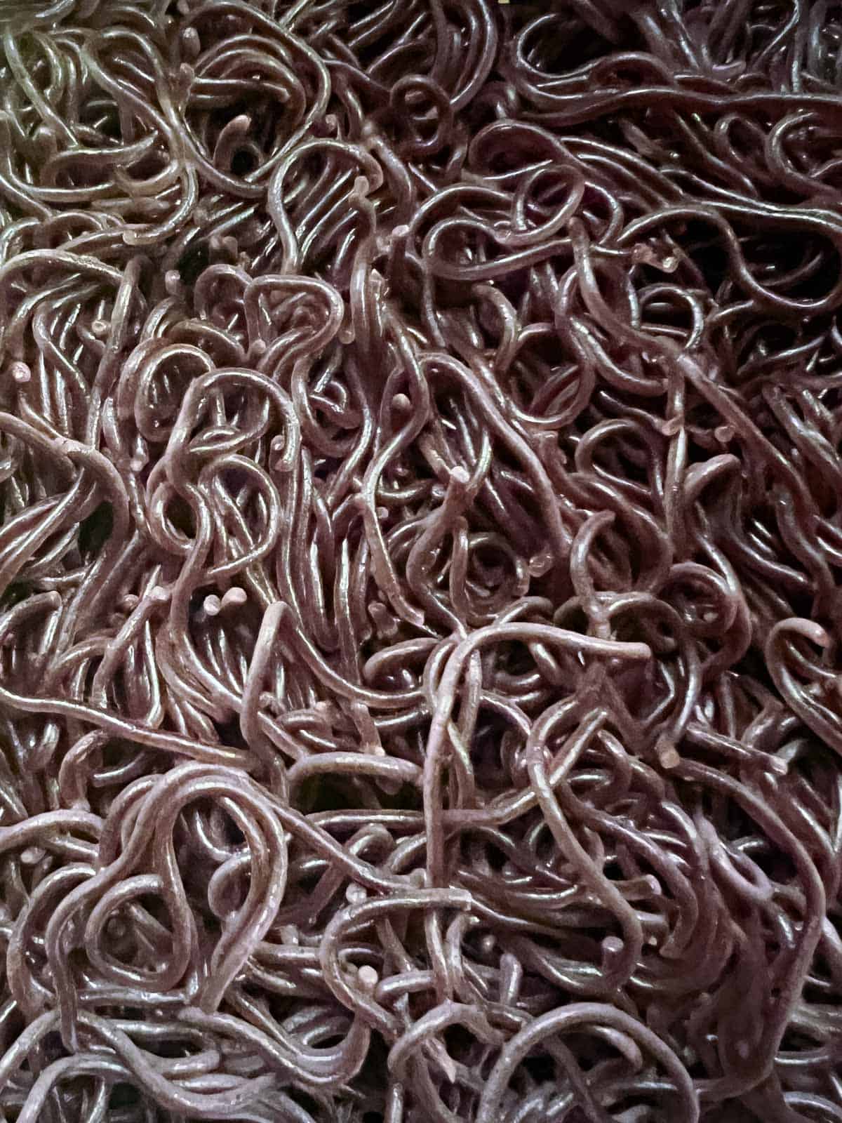 closeup of cooked forbidden rice ramen