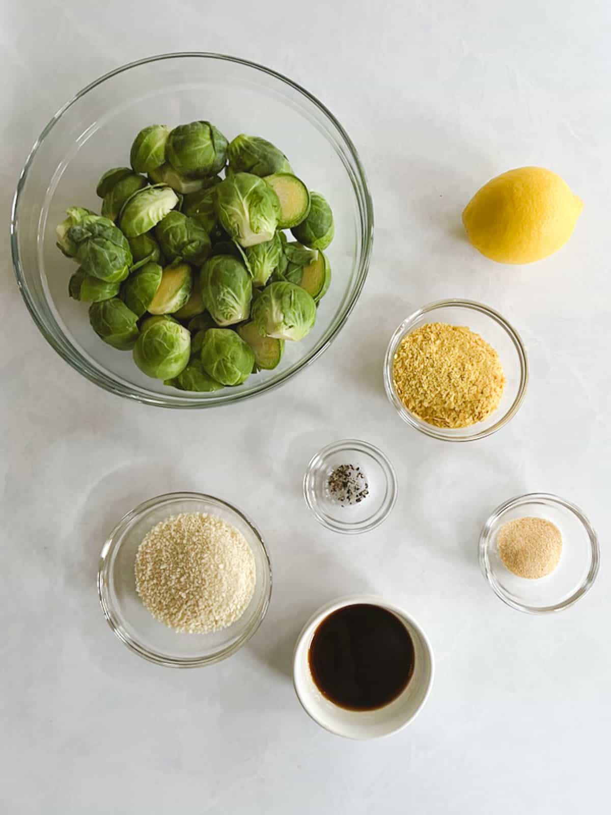 overhead view of ingredients for crispy Brussels sprouts