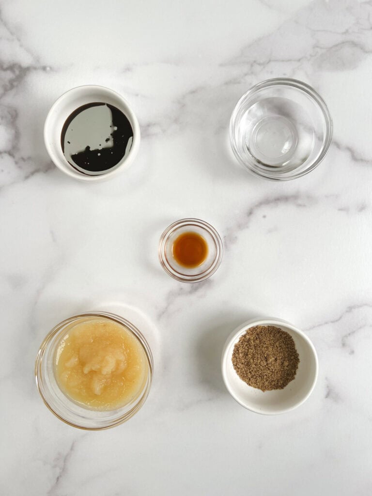 overhead view of glass bowls containing wet ingredients