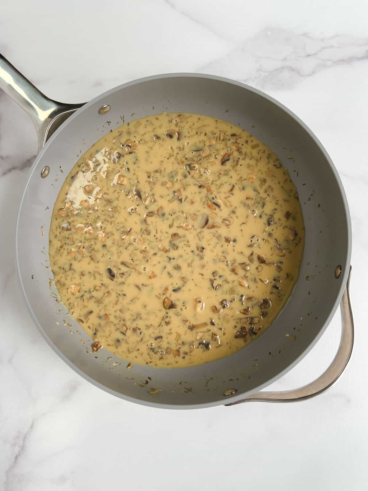 overhead view of skillet with cornstarch added