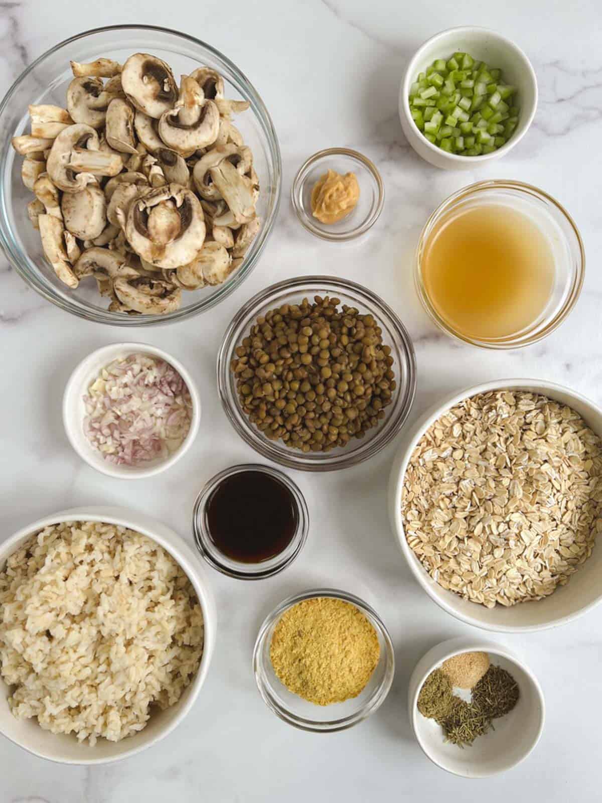 overhead view of bowls containing ingredients for lentil meatballs