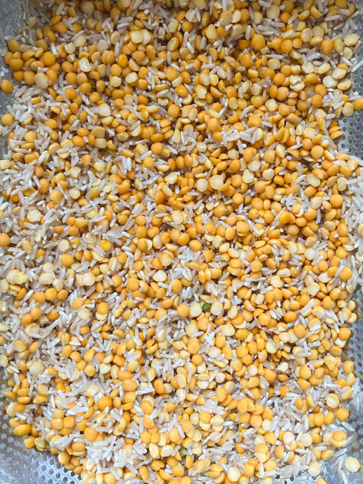 uncooked yellow lentils and brown rice in a colander