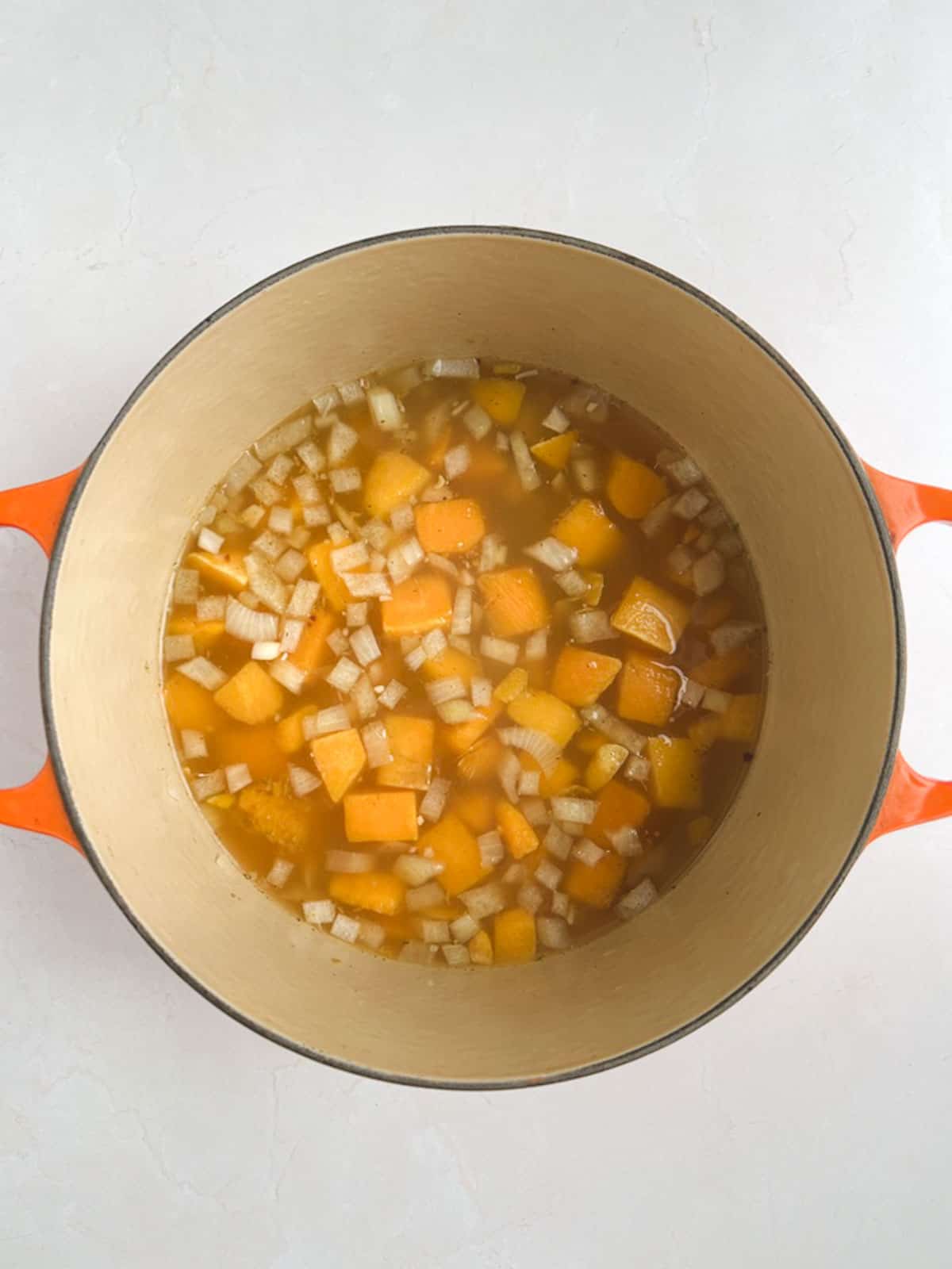 overhead view of Dutch oven containing broth, onions, garlic, and butternut squash