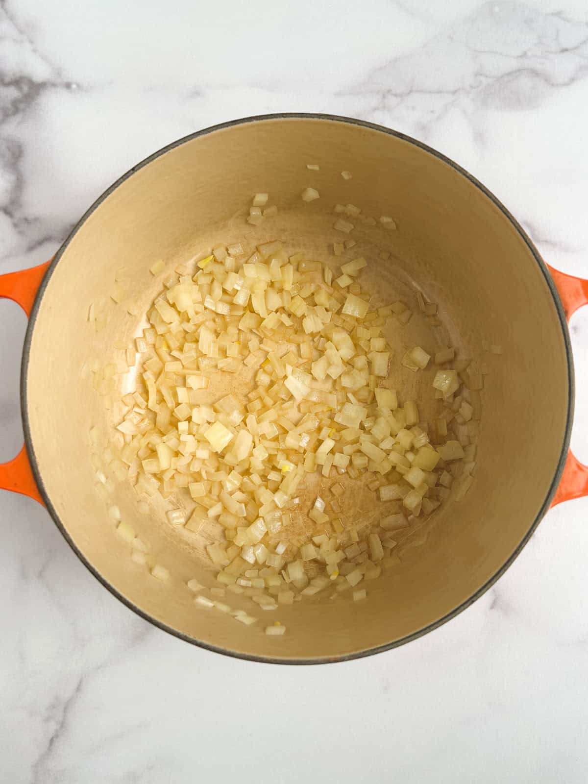 overhead view of Dutch oven containing cooked onions