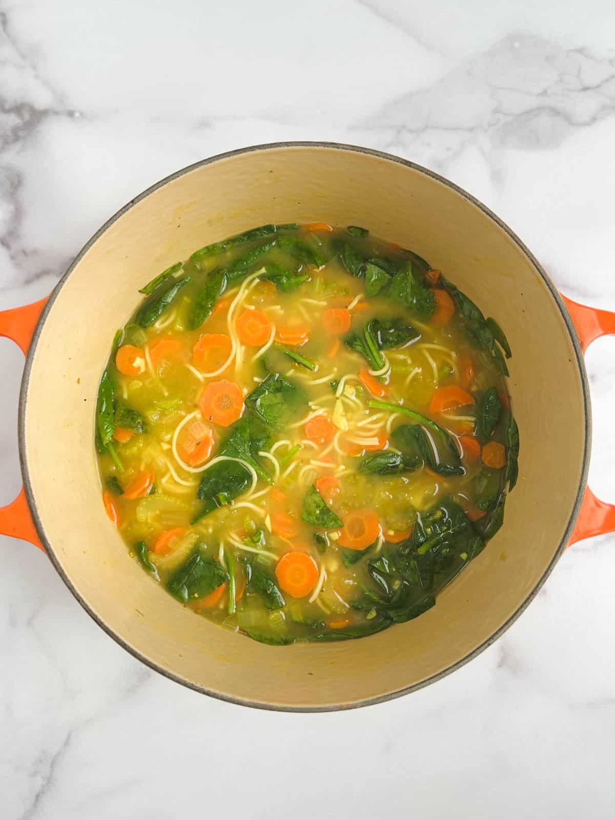 overhead view of Dutch oven containing immunity soup