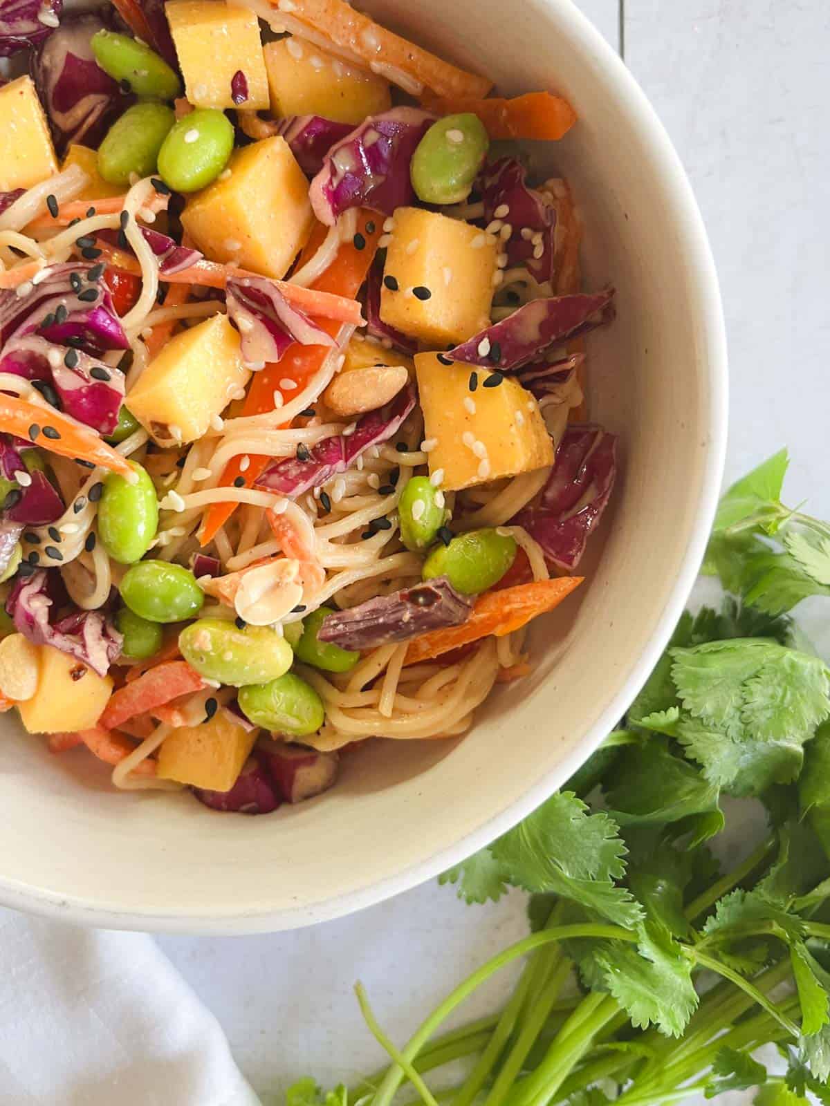 closeup of a corner of a serving bowl of mango noodle salad with peanut dressing next to fresh cilantro leaves
