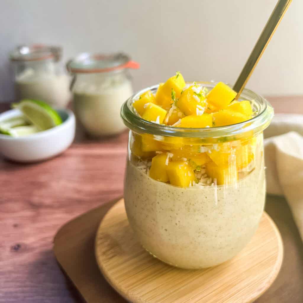 Mango overnight oats in a jar