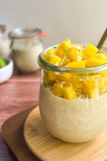 Mango overnight oats in a jar
