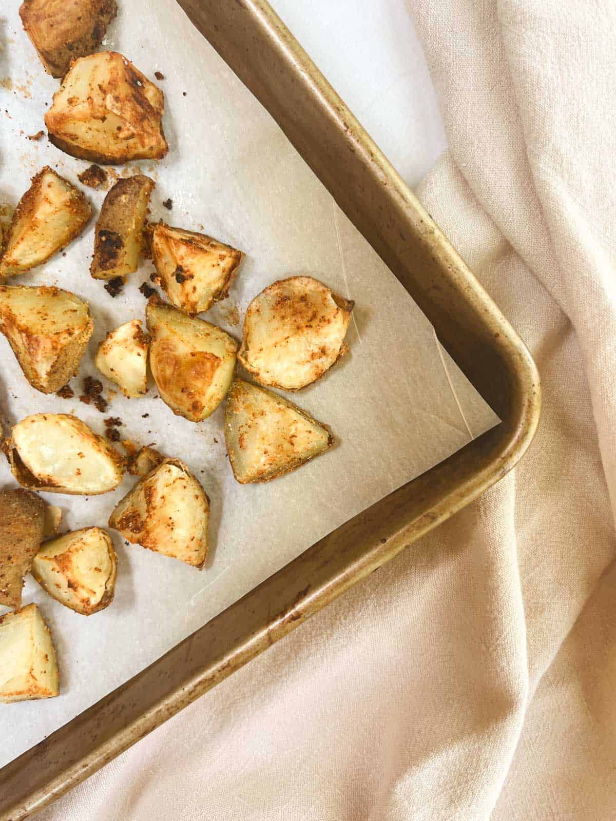 A baking sheet filled with roasted potatoes
