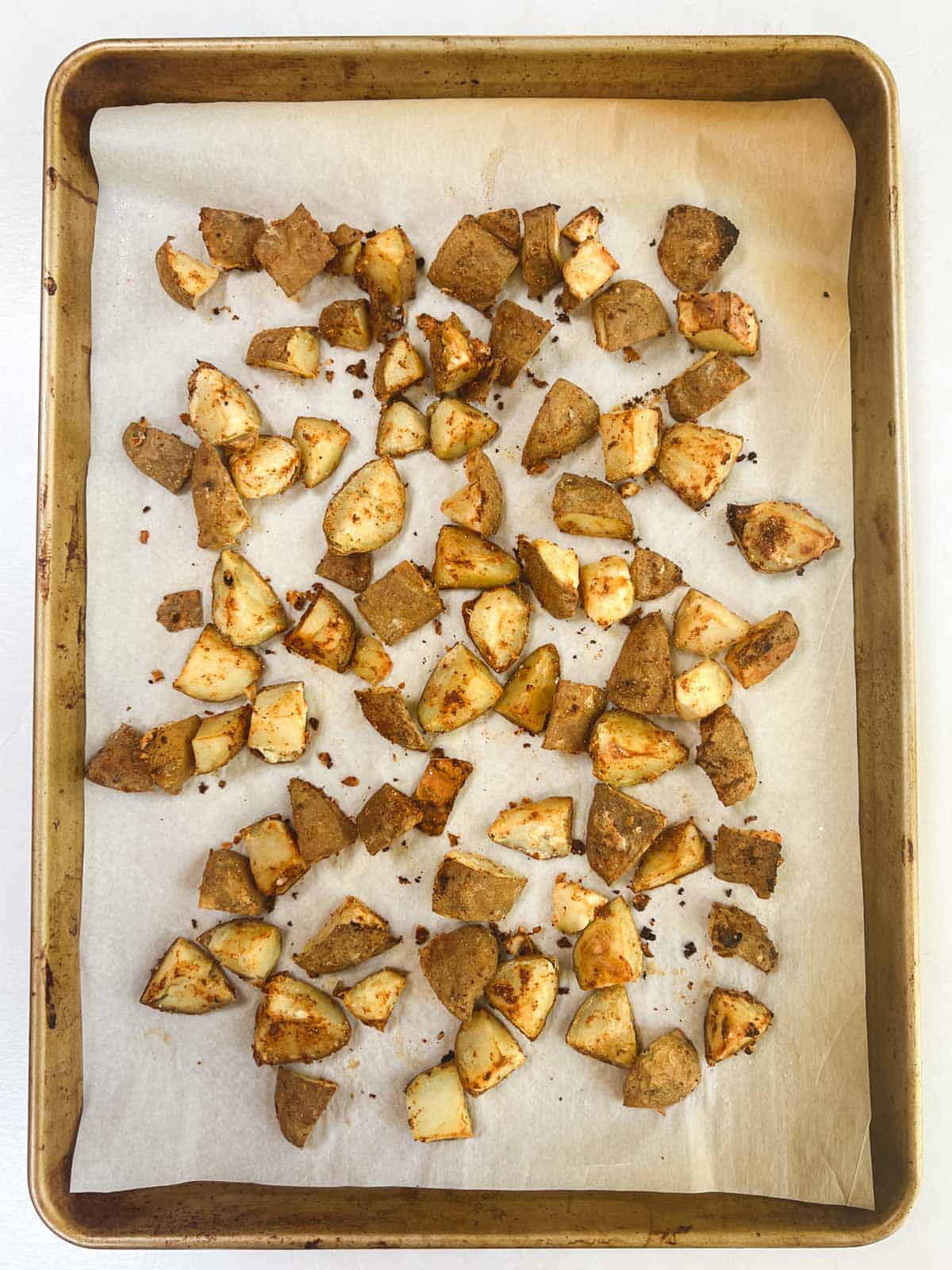 Roasted potatoes on a baking sheet