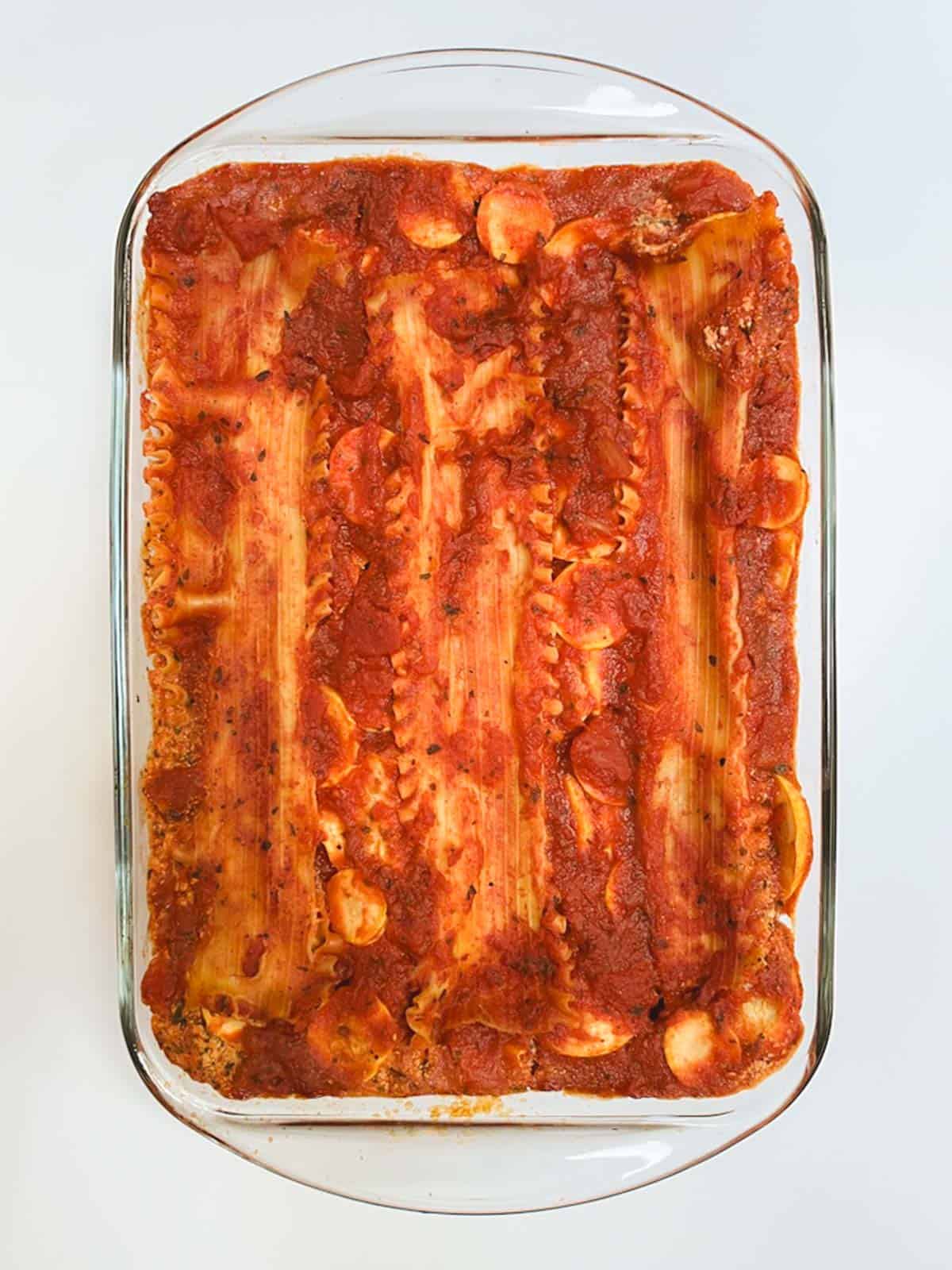 A casserole dish with lasagna in it